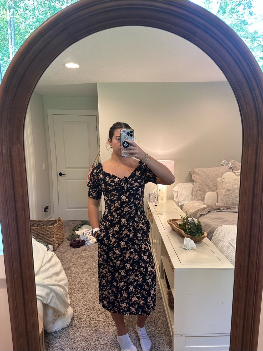 Black Floral Midi Dress with Puff Sleeves
